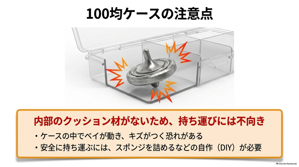 100均の収納ケースにはクッション材がない商品もあり、持ち運ぶ際にベイブレードが内部で動いて傷付く可能性があることを説明したスライド