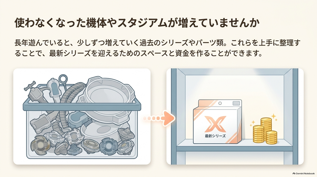 使わなくなったベイブレードやスタジアムをまとめて整理し、収納スペースと新しいベイブレードの購入資金を確保するイメージ