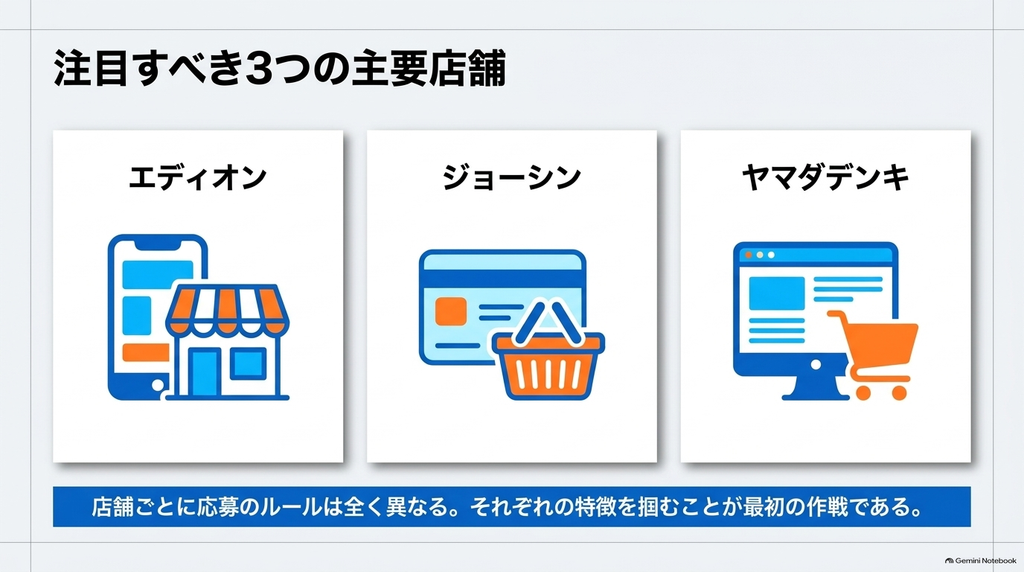 ベイブレードの抽選販売を探す際に確認したいエディオン、ジョーシン、ヤマダデンキの3つの販売店を紹介した図解