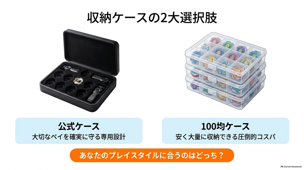持ち運びに便利なベイブレード公式ケースと、大量保管に向いた100均の透明収納ケースを比較したスライド