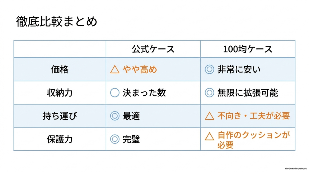 ベイブレード公式ケースと100均ケースについて、価格、収納力、持ち運びやすさ、保護性能の違いを比較した一覧表