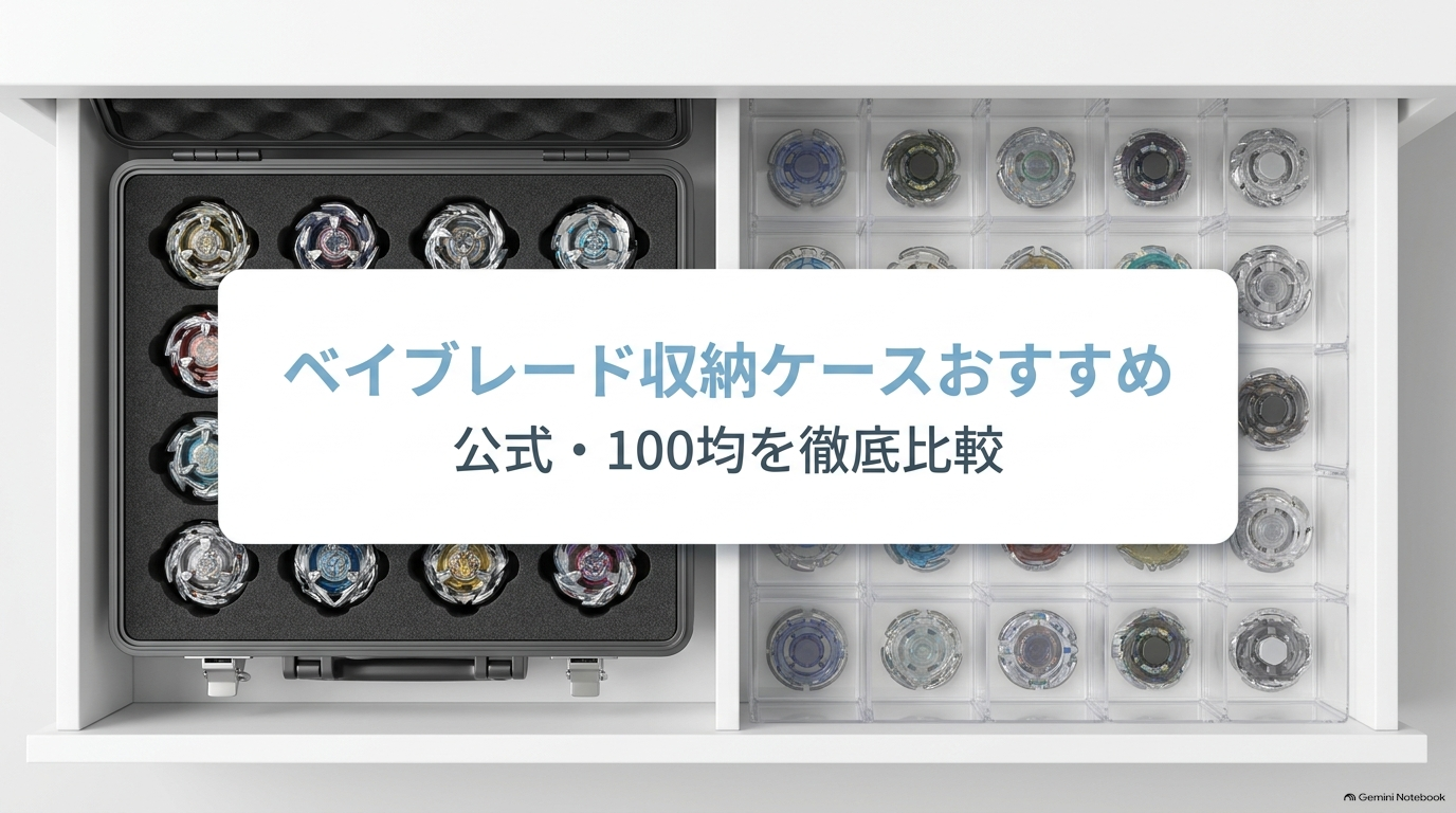 ベイブレードの公式収納ケースと100均の仕切り付きケースを比較し、それぞれの収納方法を紹介するスライド