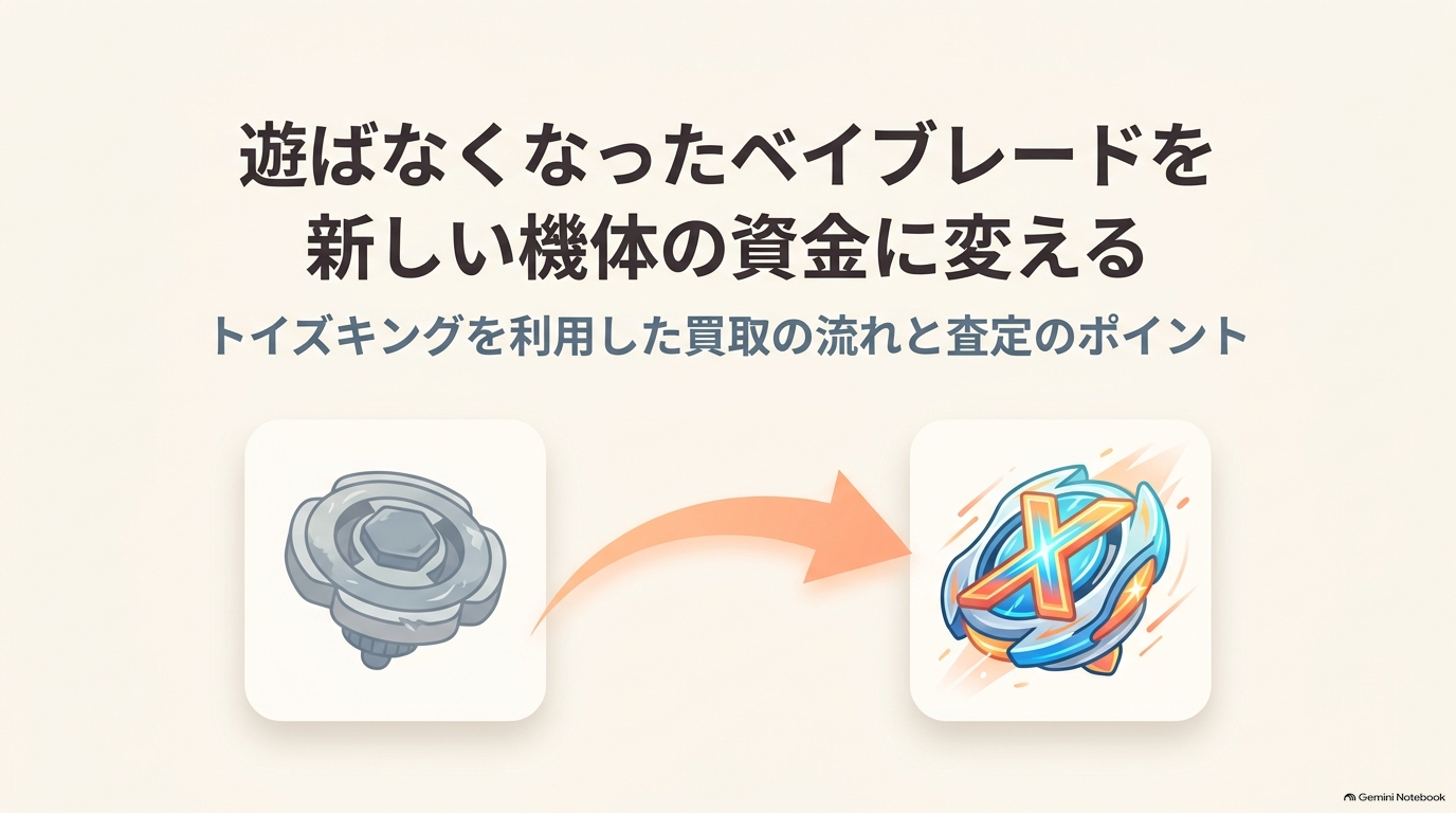 遊ばなくなったベイブレードを売却して新しい機体の購入資金に変える方法を紹介する、トイズキングの買取ガイドの表紙
