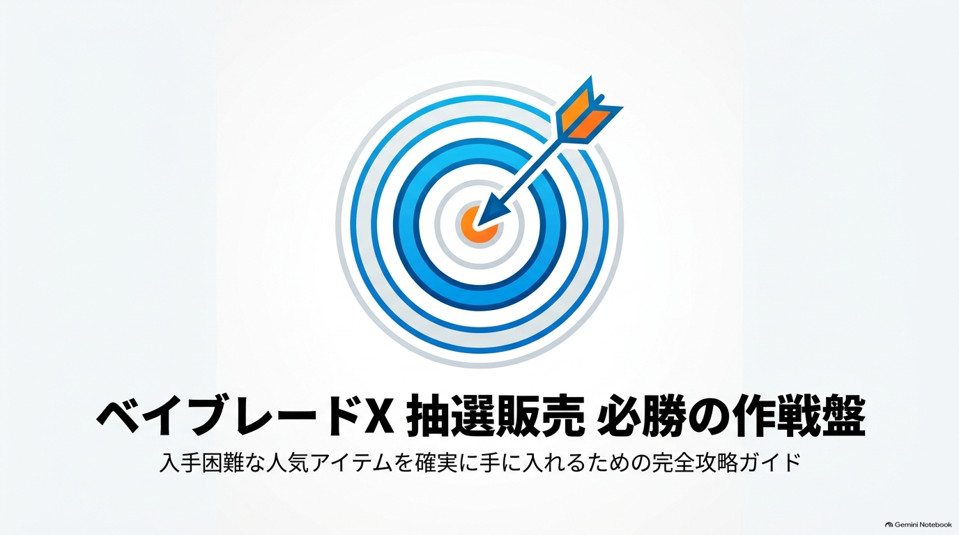 ベイブレードXの人気商品を入手するための抽選販売攻略ガイドの表紙。応募方法から当選後の購入手順までを解説する資料