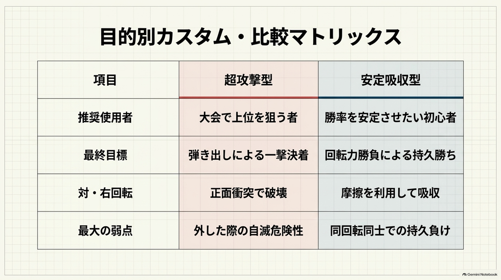 ラスタードラグーンの超攻撃型と安定吸収型について、おすすめの使用者、勝利を狙う方法、右回転の相手への戦術、それぞれの弱点を比較した一覧表です。