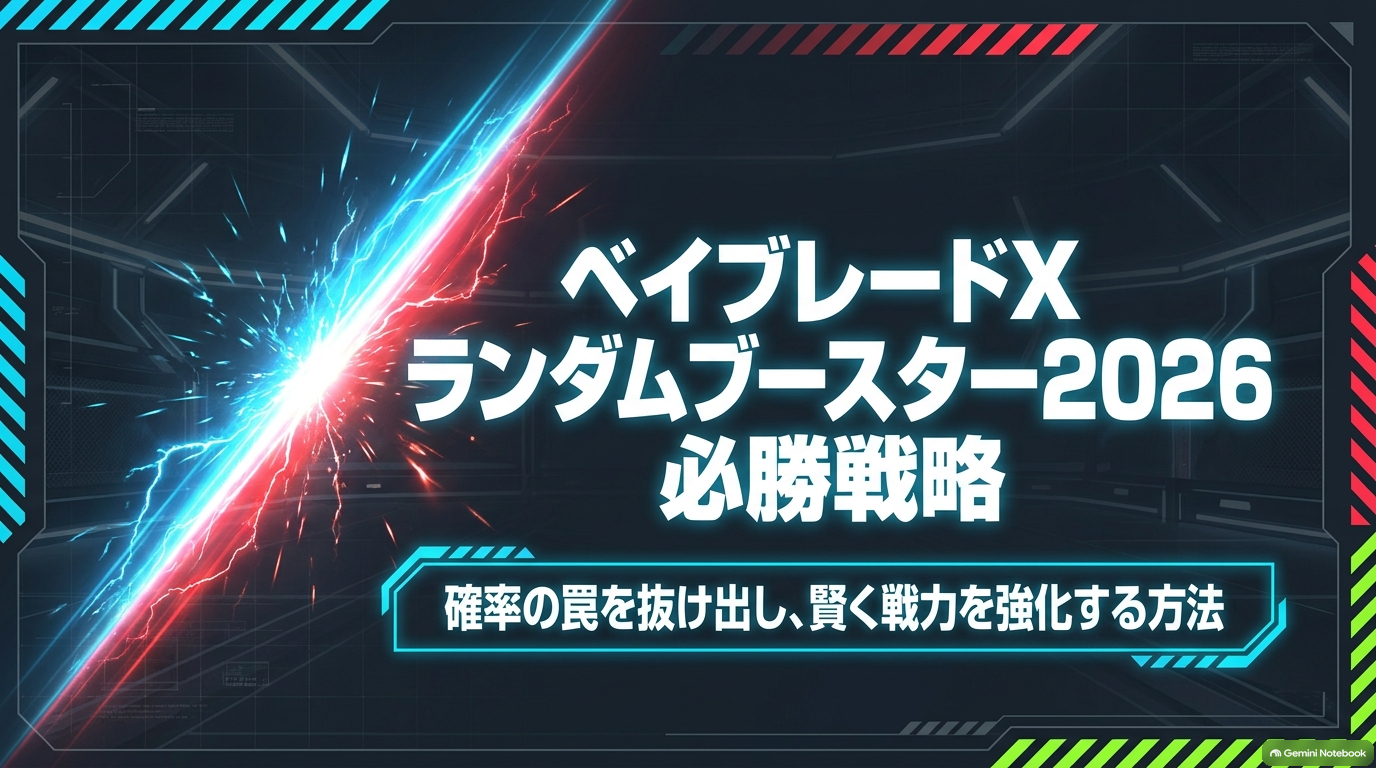 2026年のベイブレードXランダムブースターについて、当たりの確率やパーツの活用方法、賢い購入方法を紹介するスライド