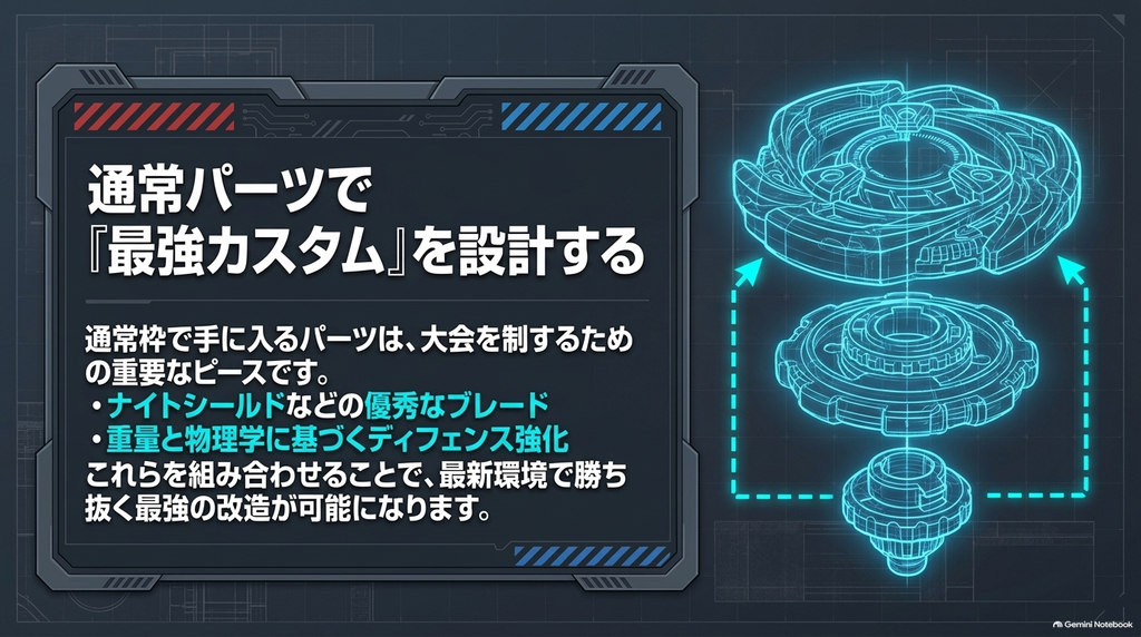 ベイブレードXのブレード、ラチェット、ビットを組み合わせ、通常パーツから自分の戦い方に合ったカスタマイズを考える方法
