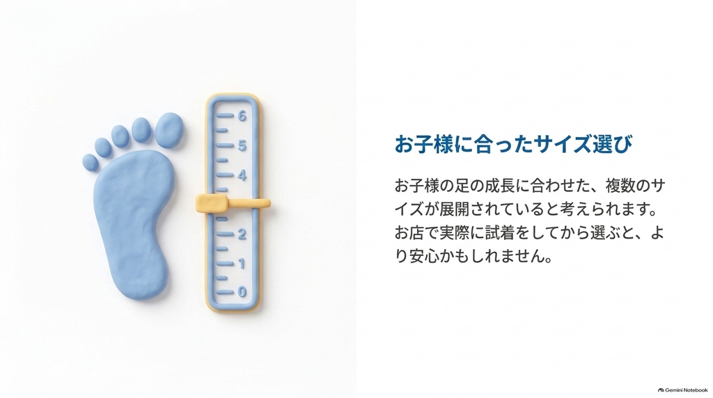 足形と目盛りのイラストを使い、ベイブレードXの靴は子どもの足のサイズを確認し、店舗で試着して選ぶことをすすめるスライド