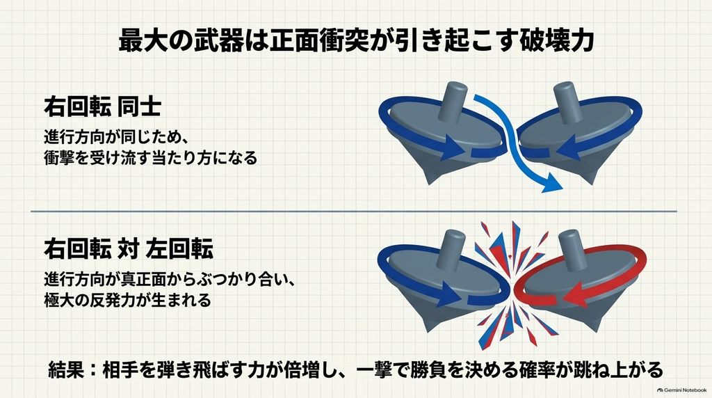 右回転同士の衝突と右回転・左回転の正面衝突を比較し、異なる回転方向のベイブレードがぶつかった際に大きな反発力が発生する仕組みを示しています。