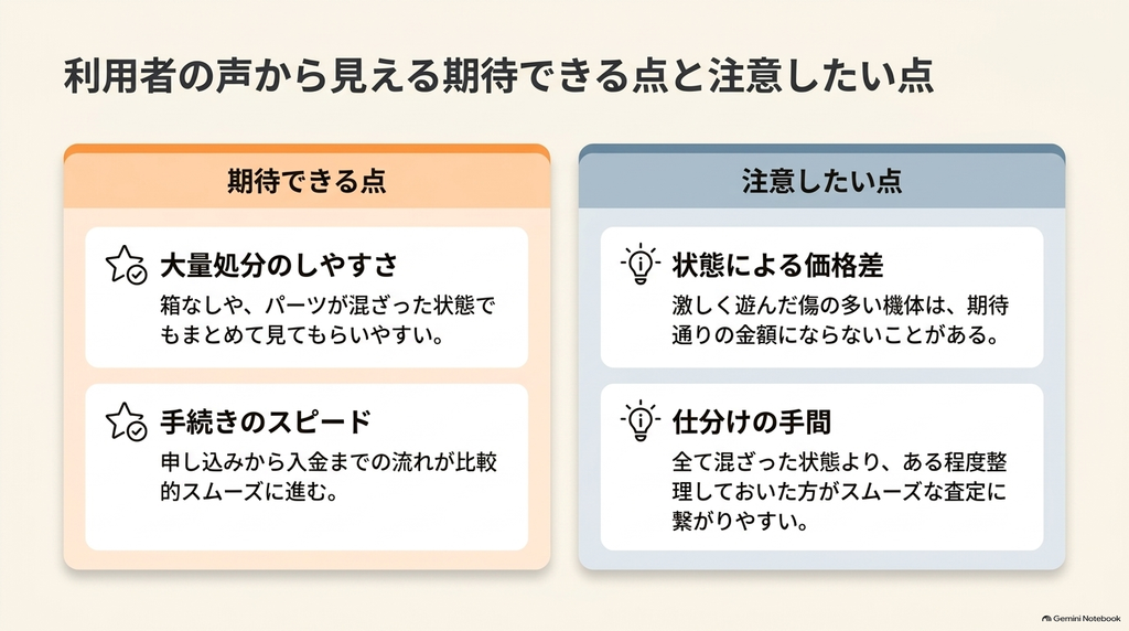 トイズキングの口コミから見える大量買取の手軽さや手続きのスムーズさと、商品の傷による査定額の違いや仕分けの必要性を比較した図解