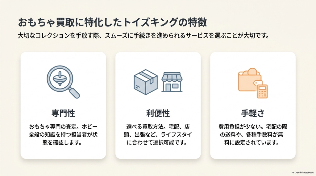 トイズキングのおもちゃ専門査定、出張・宅配・店頭から選べる買取方法、原則無料の買取サービスという3つの特徴を紹介した図解