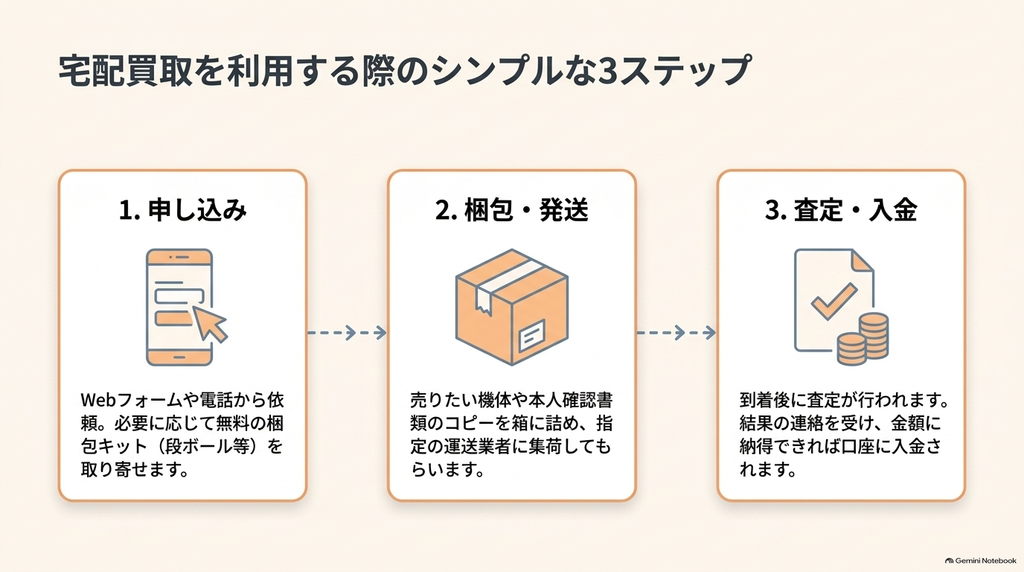トイズキングの宅配買取について、ウェブや電話での申し込み、ベイブレードの梱包と発送、査定結果の確認から入金までの3ステップを説明した図解